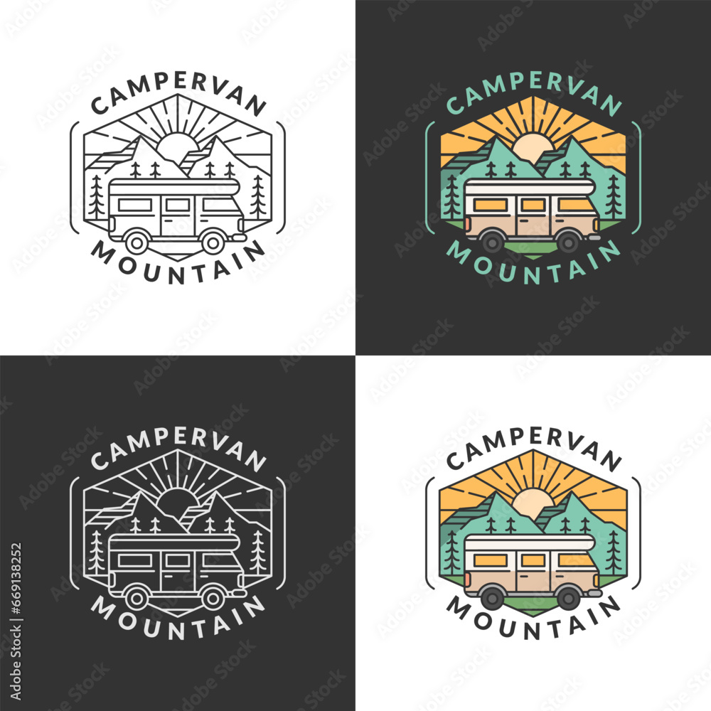 Obraz premium morning mountain and campervan badge monoline or line art style vector illustration