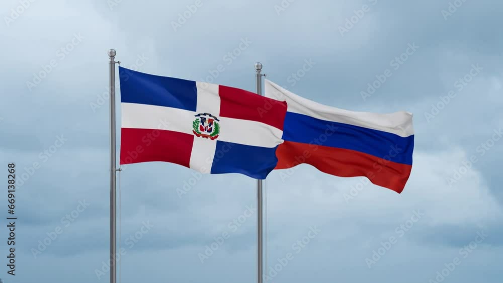 Russian Federation and Dominican flag waving together on cloudy sky, endless seamless loop Russian Federation and Dominican flag waving together on cloudy sky, endless seamless loop