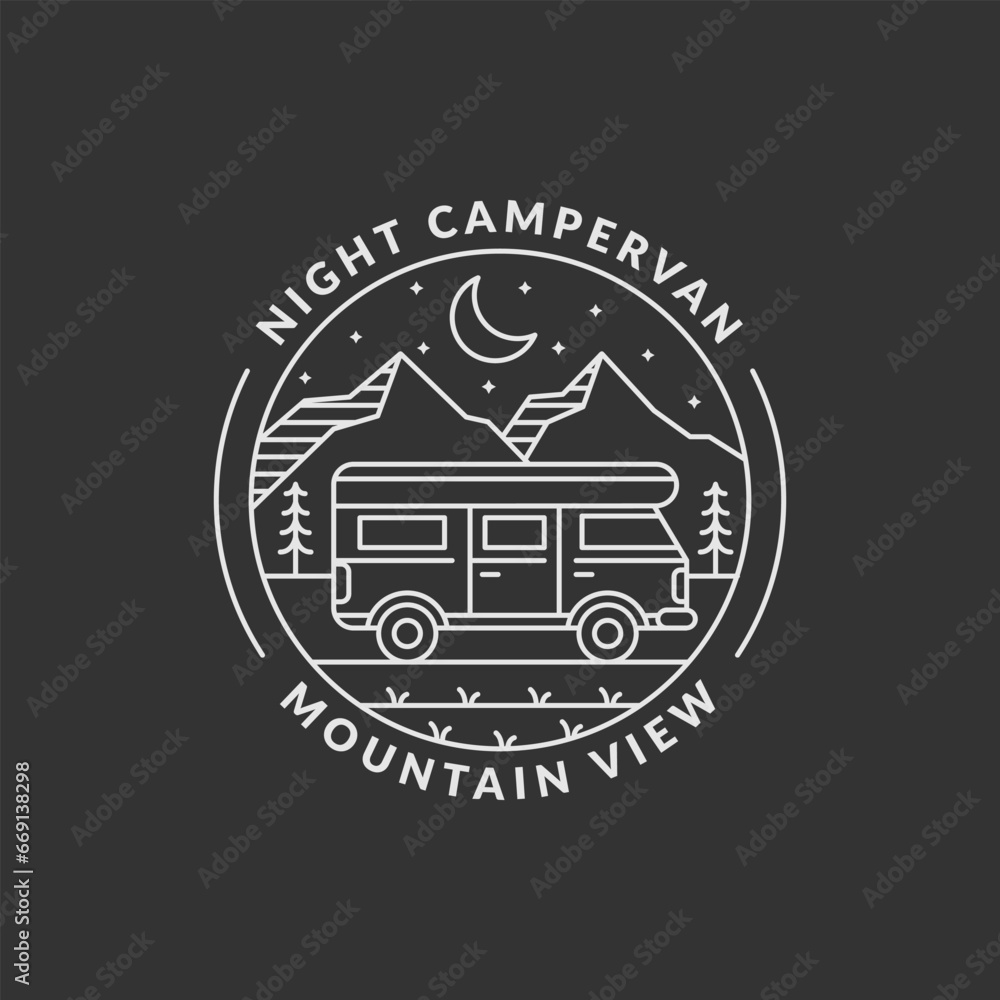 night mountain and campervan badge monoline or line art style vector illustration night mountain and campervan badge monoline or line art style vector illustration