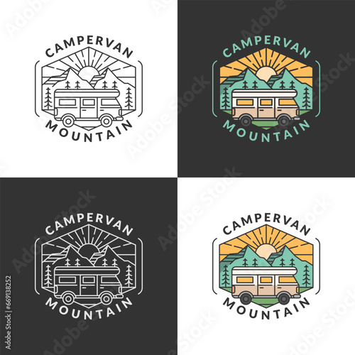 morning mountain and campervan badge monoline or line art style vector illustration photo