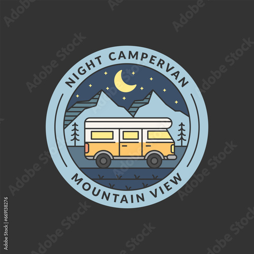 night mountain and campervan badge monoline or line art style vector illustration