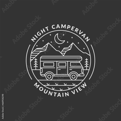 night mountain and campervan badge monoline or line art style vector illustration photo