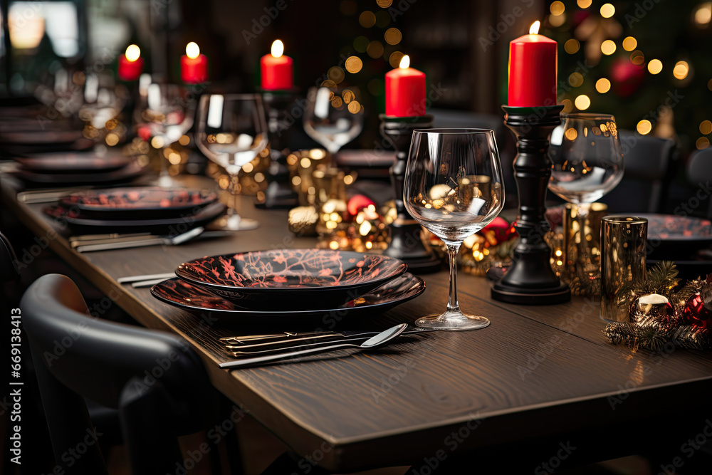 A festive Christmas place setting with black  plates on the table.