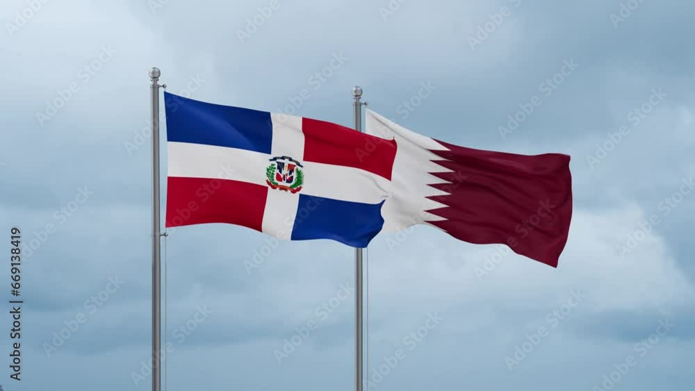 Qatar and Dominican flag waving together on cloudy sky, endless seamless loop, two country cooperation concept Qatar and Dominican flag waving together on cloudy sky, endless seamless loop, two country cooperation concept