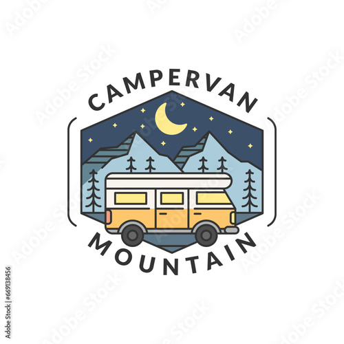 night mountain and campervan badge monoline or line art style vector illustration photo