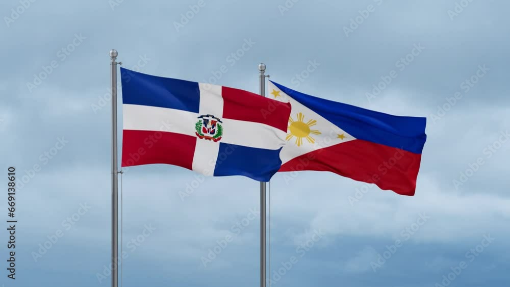Philippines and Dominican flag waving together on cloudy sky, endless seamless loop, two country cooperation concept Philippines and Dominican flag waving together on cloudy sky, endless seamless loop, two country cooperation concept