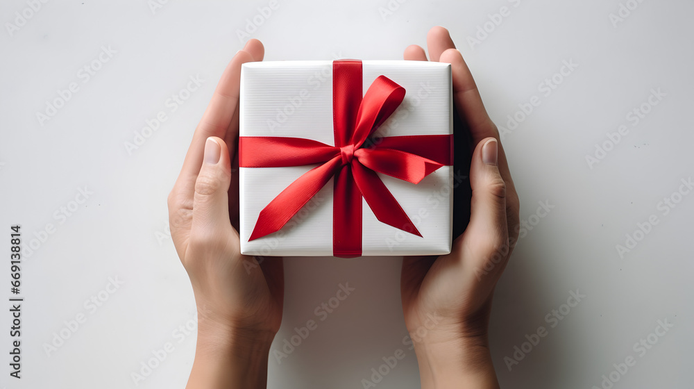 Hands giving christmas gift box on a white background. Luxury wrapped present with red color ribbon and bow. Isolated, aesthetic and minimalist. Hands giving christmas gift box on a white background. Luxury wrapped present with red color ribbon and bow. Isolated, aesthetic and minimalist.