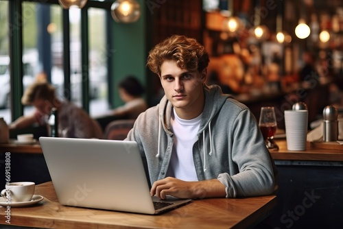 A student takes a moment to look at the camera while busy with college assignments generative ai