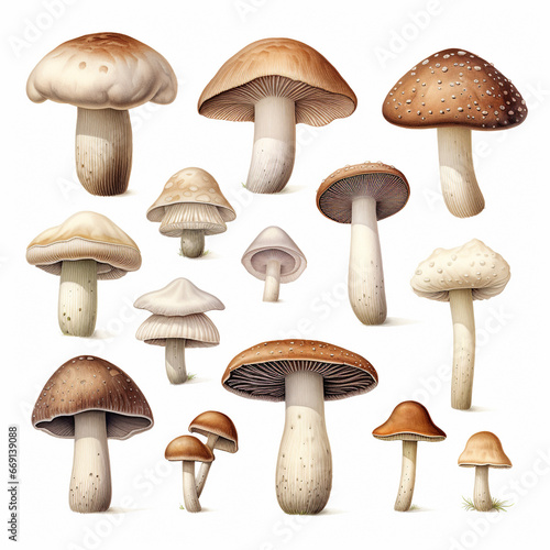 group of mushrooms, Types of mushrooms found in the forest, botanical illustration on white background