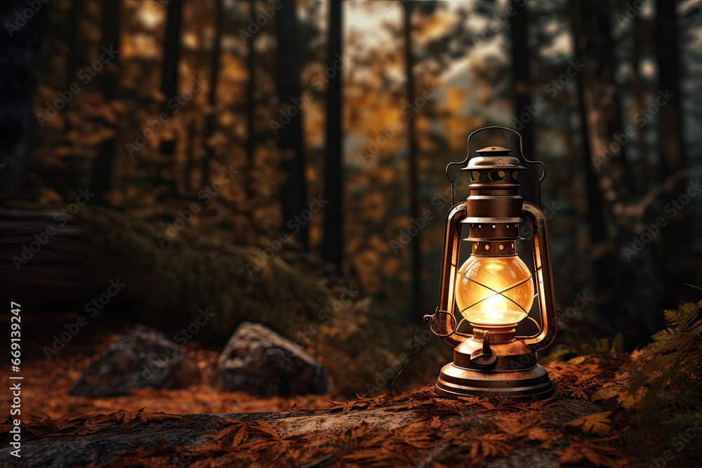 vintage lantern lamp burning in a dark forest.