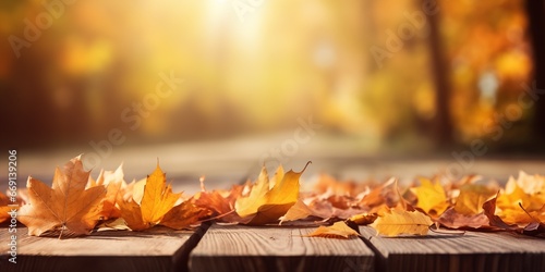 Beautiful autumn fallen leaves on wooden background, Thanksgiving background, Thanksgiving day or seasonal autumnal, generative ai