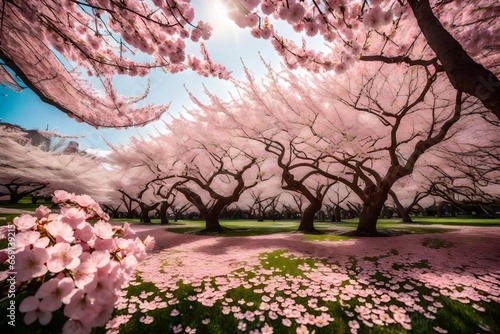 In the heart of a cherry blossom grove, the branches are heavy with delicate pink blooms. The soft, rosy hues of the blossoms create a serene and romantic atmosphere.VVVVV