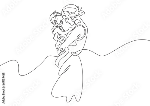 Abstract family continuous line art. Young mom hugging her baby child. Hand drawn illustration for Happy International Mother's Day card, loving family, parenthood childhood concept