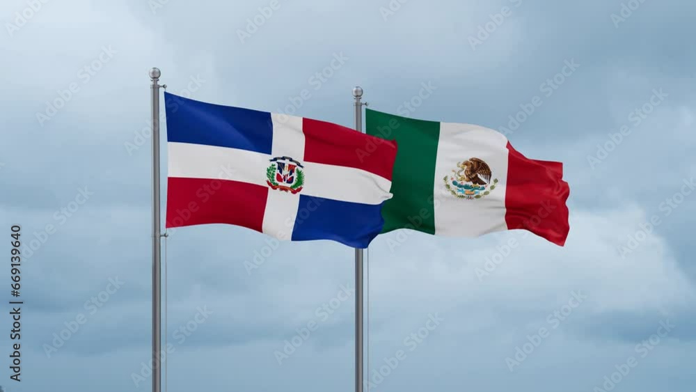 Mexico flag and Dominican flag waving together on cloudy sky, endless seamless loop, two country relations concept Mexico flag and Dominican flag waving together on cloudy sky, endless seamless loop, two country relations concept