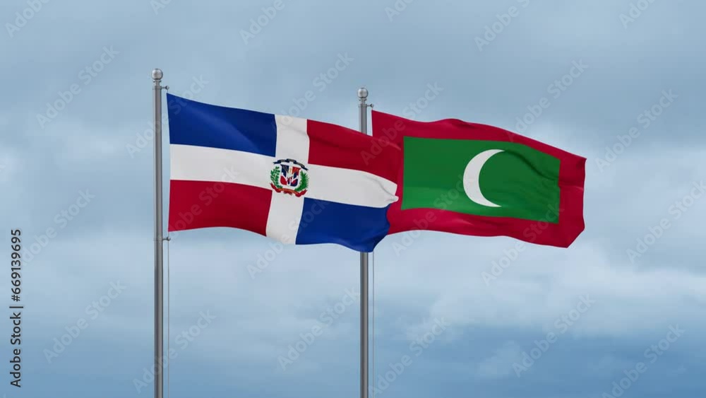 Maldives flag and Dominican flag waving together on cloudy sky, endless seamless loop, two country relations concept Maldives flag and Dominican flag waving together on cloudy sky, endless seamless loop, two country relations concept