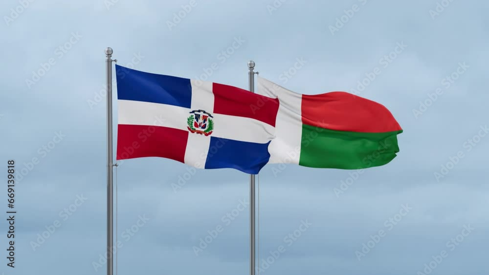 Madagascar flag and Dominican flag waving together on cloudy sky, endless seamless loop, two country relations concept Madagascar flag and Dominican flag waving together on cloudy sky, endless seamless loop, two country relations concept