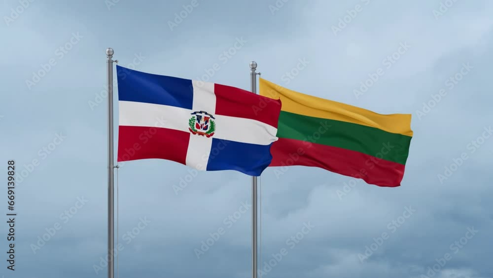 Lithuania flag and Dominican flag waving together on cloudy sky, endless seamless loop, two country relations concept Lithuania flag and Dominican flag waving together on cloudy sky, endless seamless loop, two country relations concept