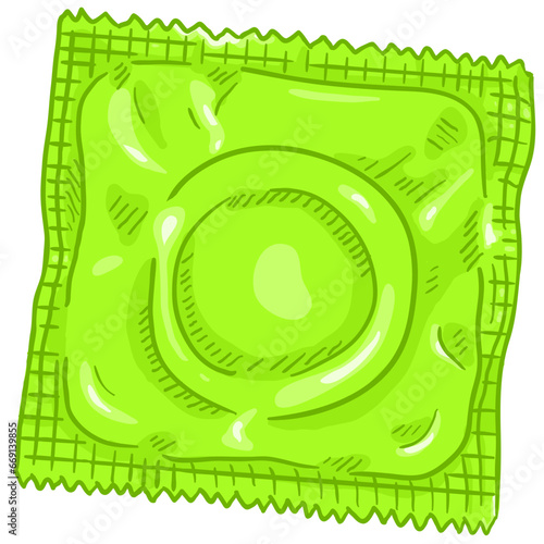Vector Single Cartoon Condom in Green Package.