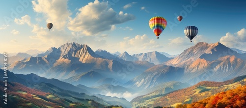 Colorful hot air balloons flying over the mountains, with a bright afternoon view, soft light © GoDress