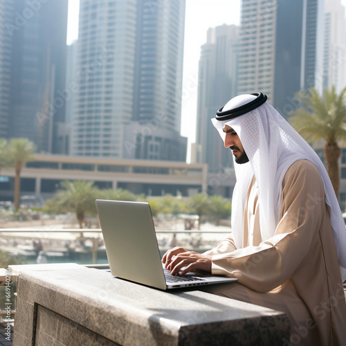 Arab man working with a laptop. photo
