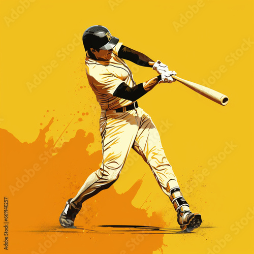Baseball player hitting a ball on a yellow background.