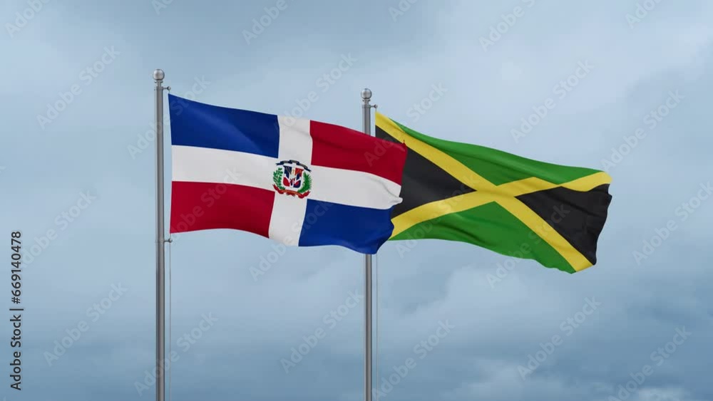Jamaica and Dominican flag waving together on cloudy sky, endless seamless loop, two country cooperation concept Jamaica and Dominican flag waving together on cloudy sky, endless seamless loop, two country cooperation concept