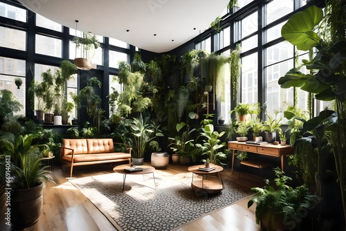 In a beautifully designed interior  verdant plants serve as both decoration and inspiration. The room is filled with an abundance of plants  creating a mini-urban jungle. Sunlight filters through the 