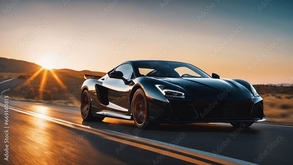 Fast black sports car on the road, moving fast. Generative Ai