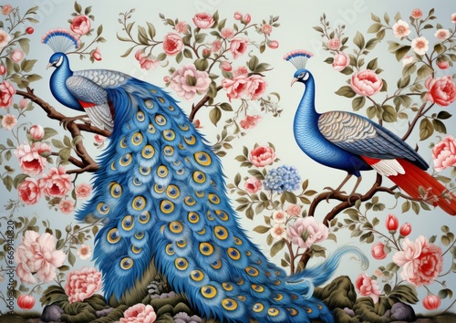 Vintage wallpaper peacock birds with tropical trees plants forest in a vintage style blurry landscape sky background wall art