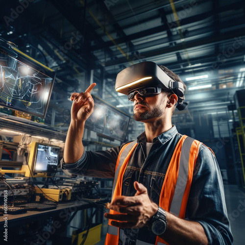 Engineer using VR glasses in a factory. Industry technology.
