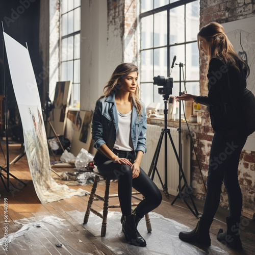 Female photographer and model in a photo studio. photo
