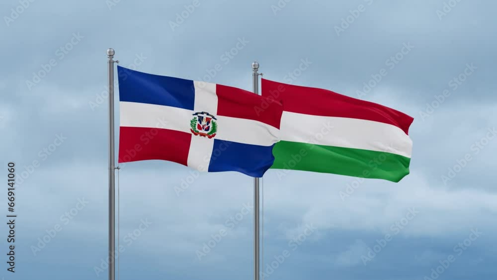 Hungary flag and Dominican flag waving together on cloudy sky, endless seamless loop, two country relations concept Hungary flag and Dominican flag waving together on cloudy sky, endless seamless loop, two country relations concept