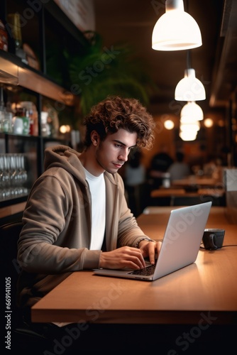 A student focused on their laptop, completing their thesis assignment at a cafe generative ai