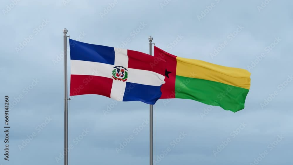 Guinea-Bissau flag and Dominican flag waving together on cloudy sky, endless seamless loop, two country relations concept Guinea-Bissau flag and Dominican flag waving together on cloudy sky, endless seamless loop, two country relations concept