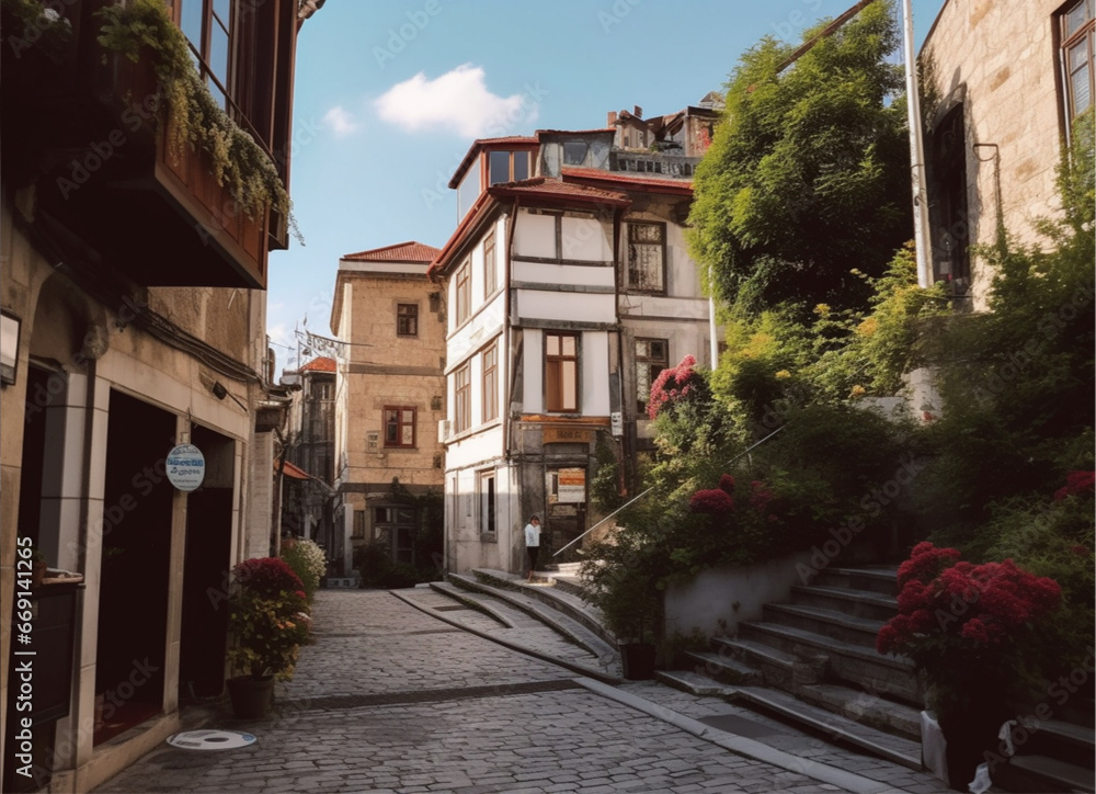 street of multiple densely packed traditional 5-story tall classical traditional white wooden ottoman architecture houses at stone paved street with densely packed traditional ottoman wooden houses 
