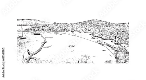 Building view with landmark of  Skiathos is the island in Aegean Sea. Hand drawn sketch illustration in vector.