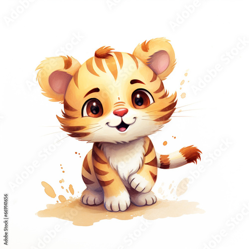 Illustration of a cute  healthy and happy-looking tiger cub. Isolated on white background.