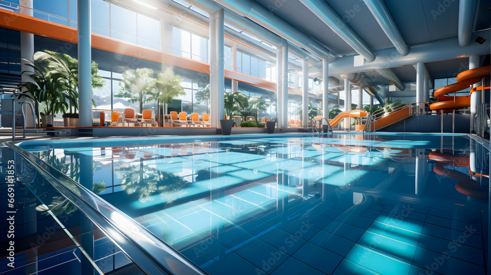 Interior design of aqua spa center with blue water in the pool. Interior design of aqua spa center with blue water in the pool.