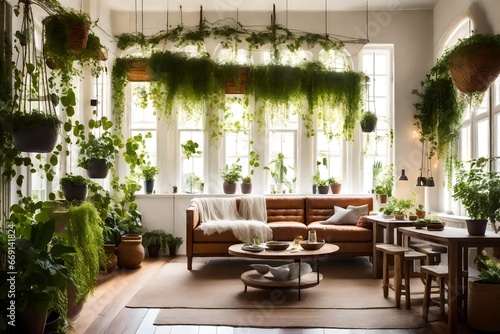 In a beautifully designed interior  verdant plants serve as both decoration and inspiration. The room is filled with an abundance of plants  creating a mini-urban jungle. Sunlight filters through the 