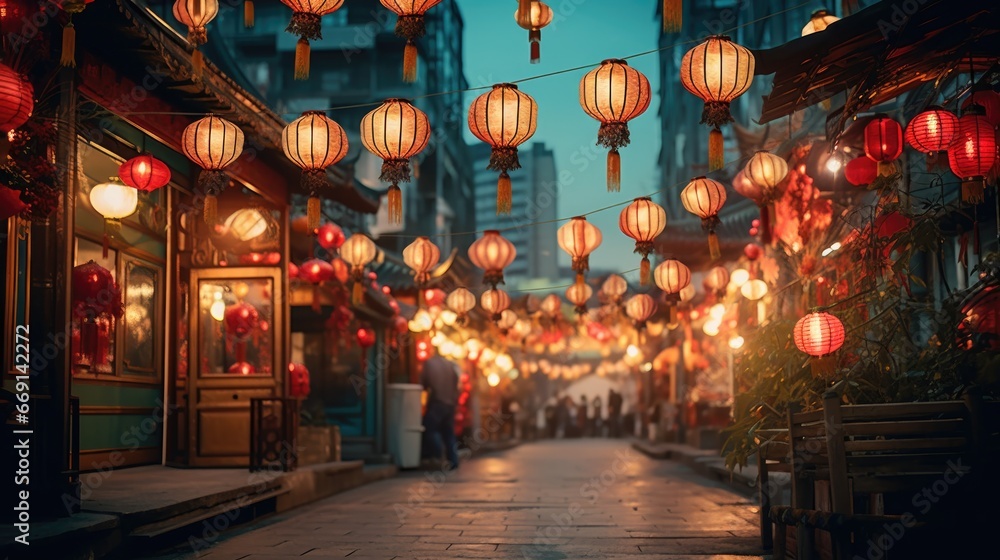 Lanterns hanging across an old chinese street - obrazy, fototapety, plakaty 