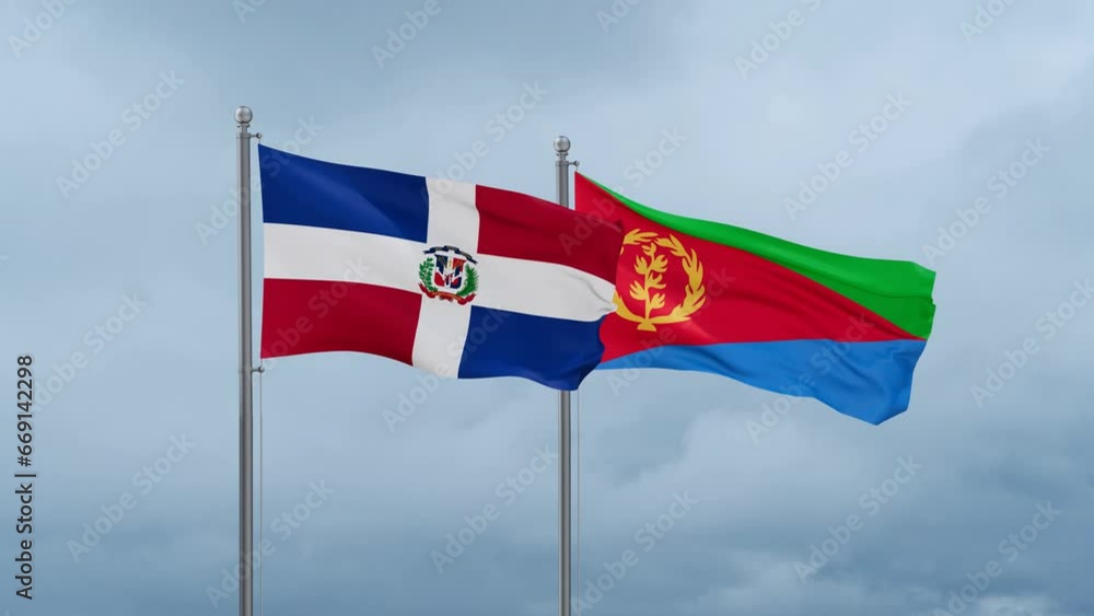 Eritrea and Dominican flag waving together on cloudy sky, endless seamless loop, two country cooperation concept Eritrea and Dominican flag waving together on cloudy sky, endless seamless loop, two country cooperation concept