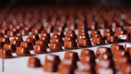 Chocolate sweets candy factory, sweet on conveyor automatic line, top view