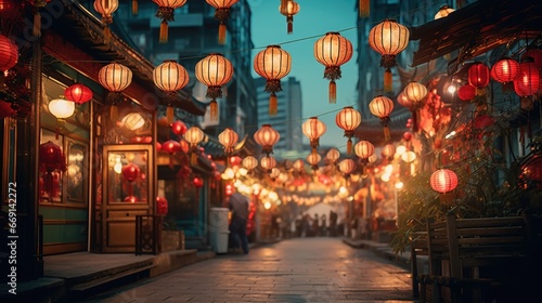 Lanterns hanging across an old chinese street photo