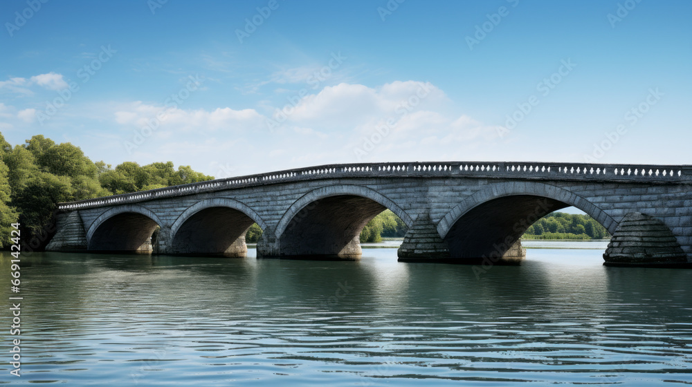 A picturesque bridge spans a peaceful lake, its arched structure silhouetted against the deep blue sky