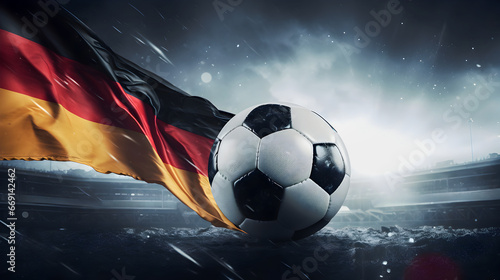 Football ball and Germany national flag in front of dramatic background. photo