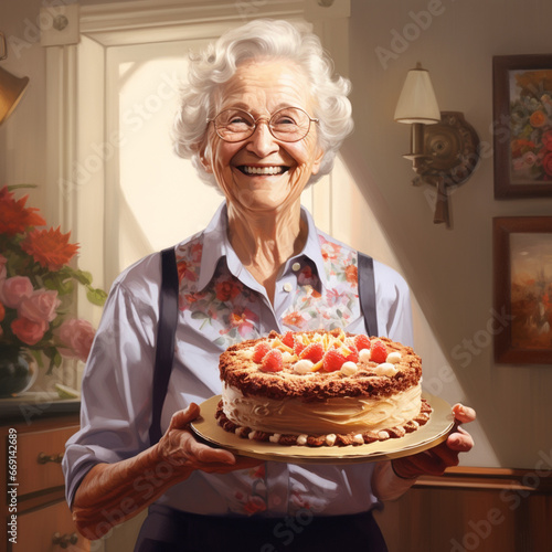 Grandmother showing a homemade cake.