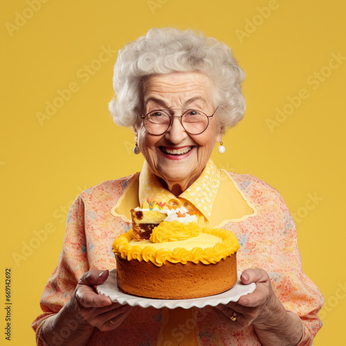 Grandmother showing a homemade cake on a yellow background.
