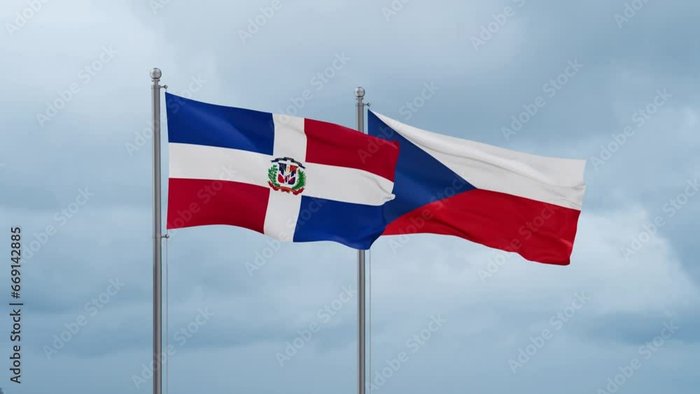 Czech Republic flag and Dominican flag waving together on cloudy sky, endless seamless loop, two country relations concept Czech Republic flag and Dominican flag waving together on cloudy sky, endless seamless loop, two country relations concept