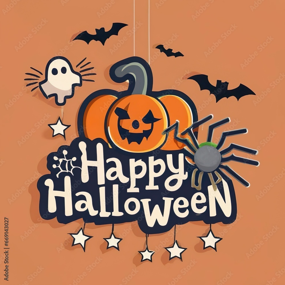 orange halloween banner with pumpkin spider and bats - Generative AI orange halloween banner with pumpkin spider and bats - Generative AI