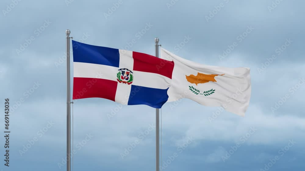 Cyprus flag and Dominican flag waving together on cloudy sky, endless seamless loop, two country relations concept Cyprus flag and Dominican flag waving together on cloudy sky, endless seamless loop, two country relations concept